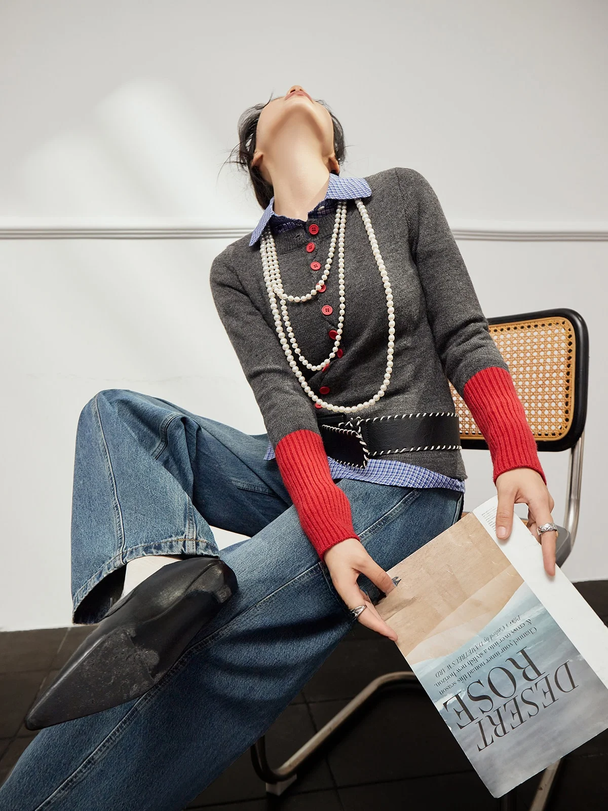 

Uncle U×LAB Women's Slim Fit Patchwork Knitwear Casual Sle Long Sve Collar Regular Length Spring New Arr...