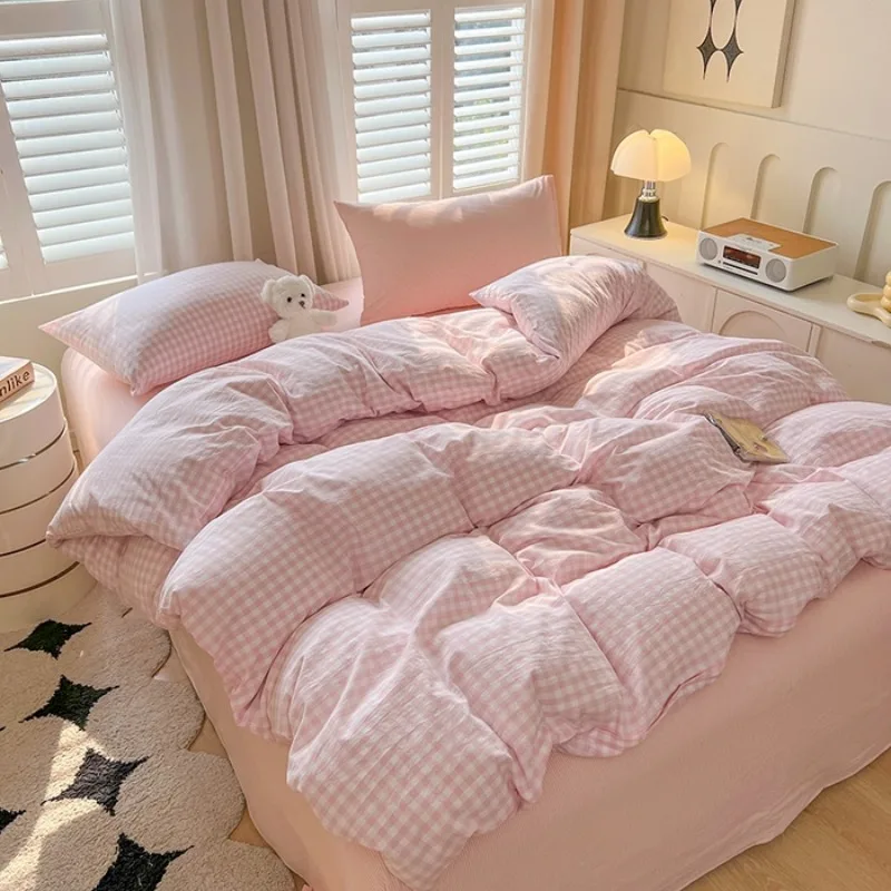 2025 New product Simple Japanese style gray grid bed sheet duvet cover 4-piece set student apartment four season 3-piece set
