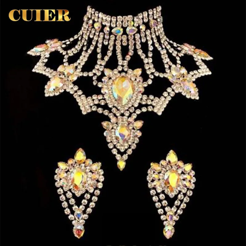 CUIER Stunning Gemstones Glass Necklace Earring Set for Women Huge Size Jewelry Nightclub Dancer Stage Show Singer Rave Festival