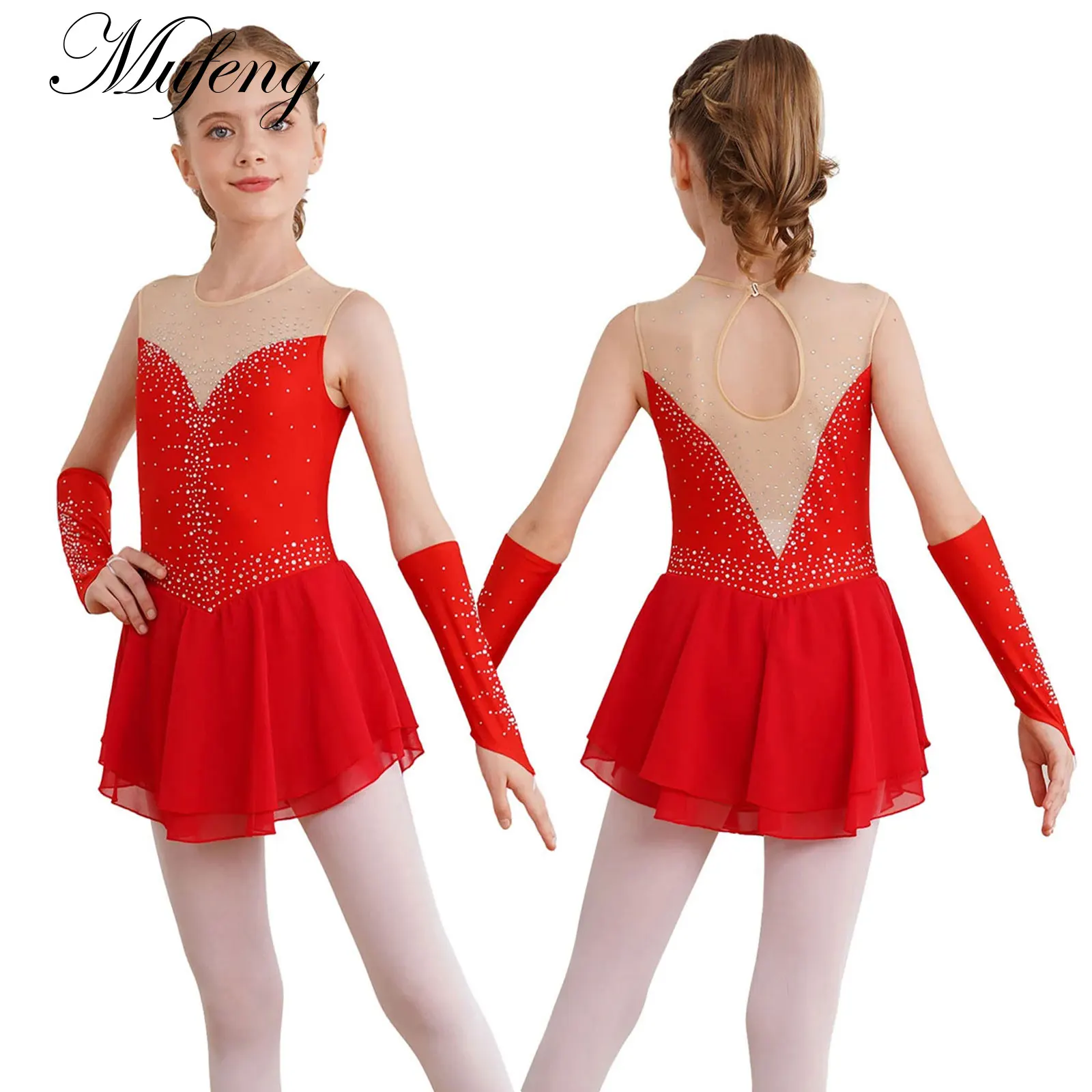 Girls Rhinestone Ballet Dance Dress Sleeveless Ballet Leotard Figure Skating Jersey Gymnastics with Gloves Ballerina Costume