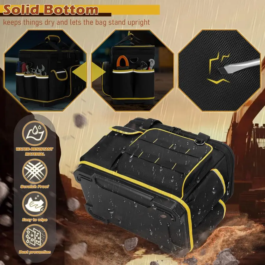 Borsa per attrezzi con fondo rigido e divisore staccabile, borsa per attrezzi resistente con tasche multiple, nera