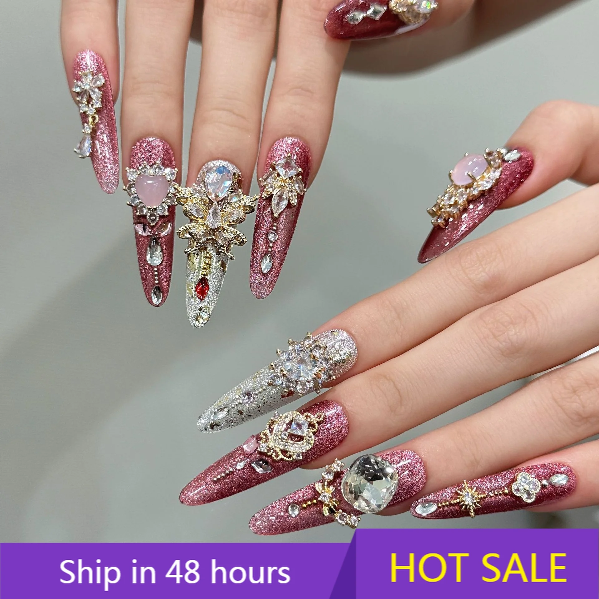 YTYIN A1 الفاخرة اليدوية يرتدي درع الدولار الوردي كامل الزركونيوم الصناعة الثقيلة ضوء الفاخرة فنجر تطبيق مسمار الفن مجموعة 10