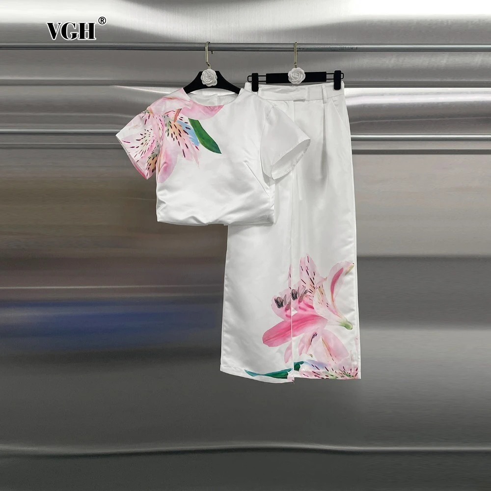 

VGH Casual Printed Two Piece Set Fot Women O Neck Short Sleeve Top High Waist Slimming Flare Trousers Fashionable Suit Female