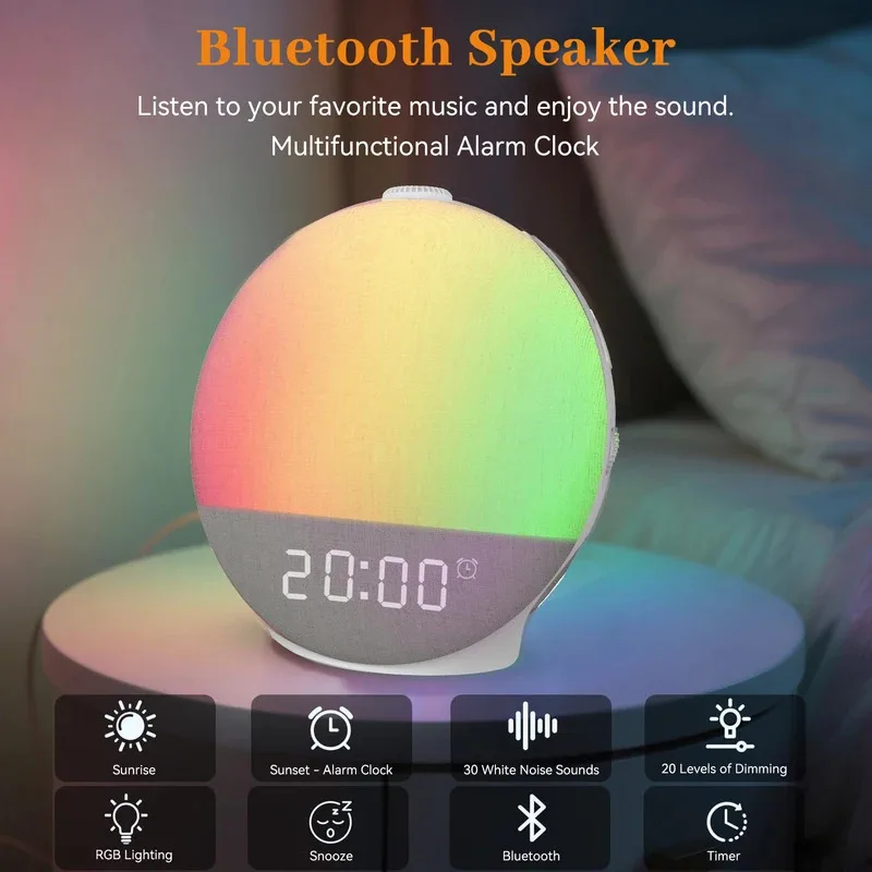 Wake Up Light Sunrise Alarm Clock Dimmable Night Light Bluetooth Speaker White Noise Machine 30 Sleep Sounds for Bedroom Decor