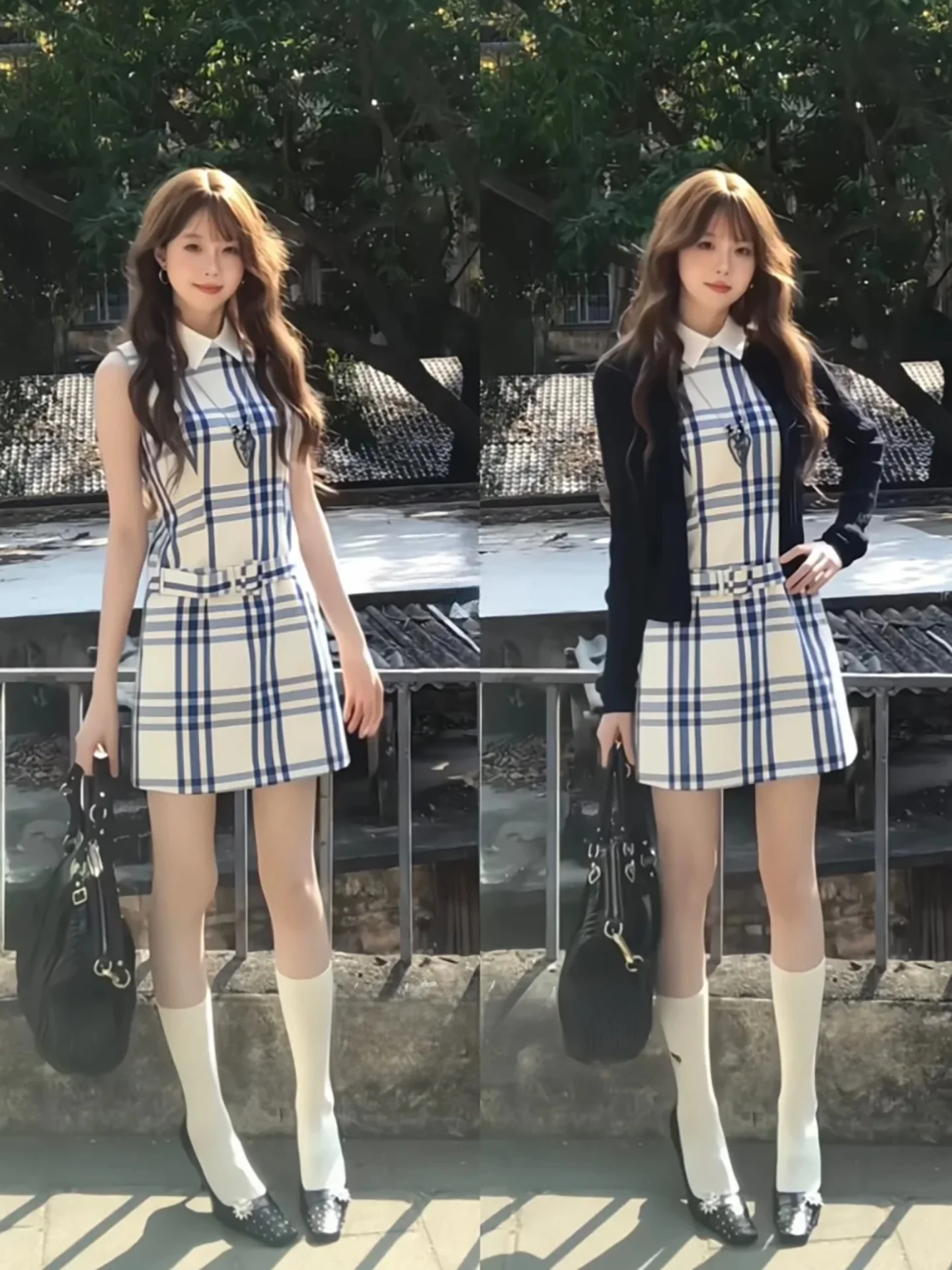

Blue And White Plaid A-Line Short Skirt Sleeveless Dress Set Women's Long Sleeve Coat Cardigan Two-Piece Set Spring Fashion