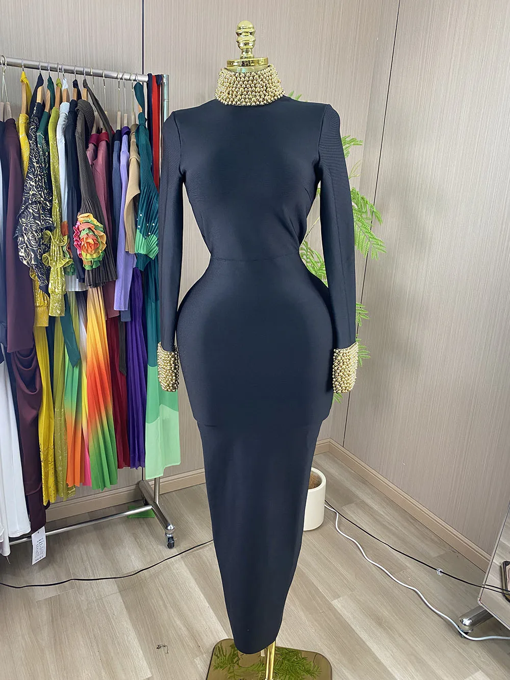 2026 New Stylish & Sexy Black Bodycon Dress – Backless, Beaded, with Long Lace-Up Straps-GZXX1174