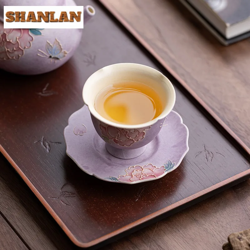 رسمت باليد الأرجواني الفاوانيا الوقايات الرجعية القدح لوحة ل فناجين القهوة الصحن العزل الحراري المفارش فنجان الشاي قاعدة طقم شاي صيني