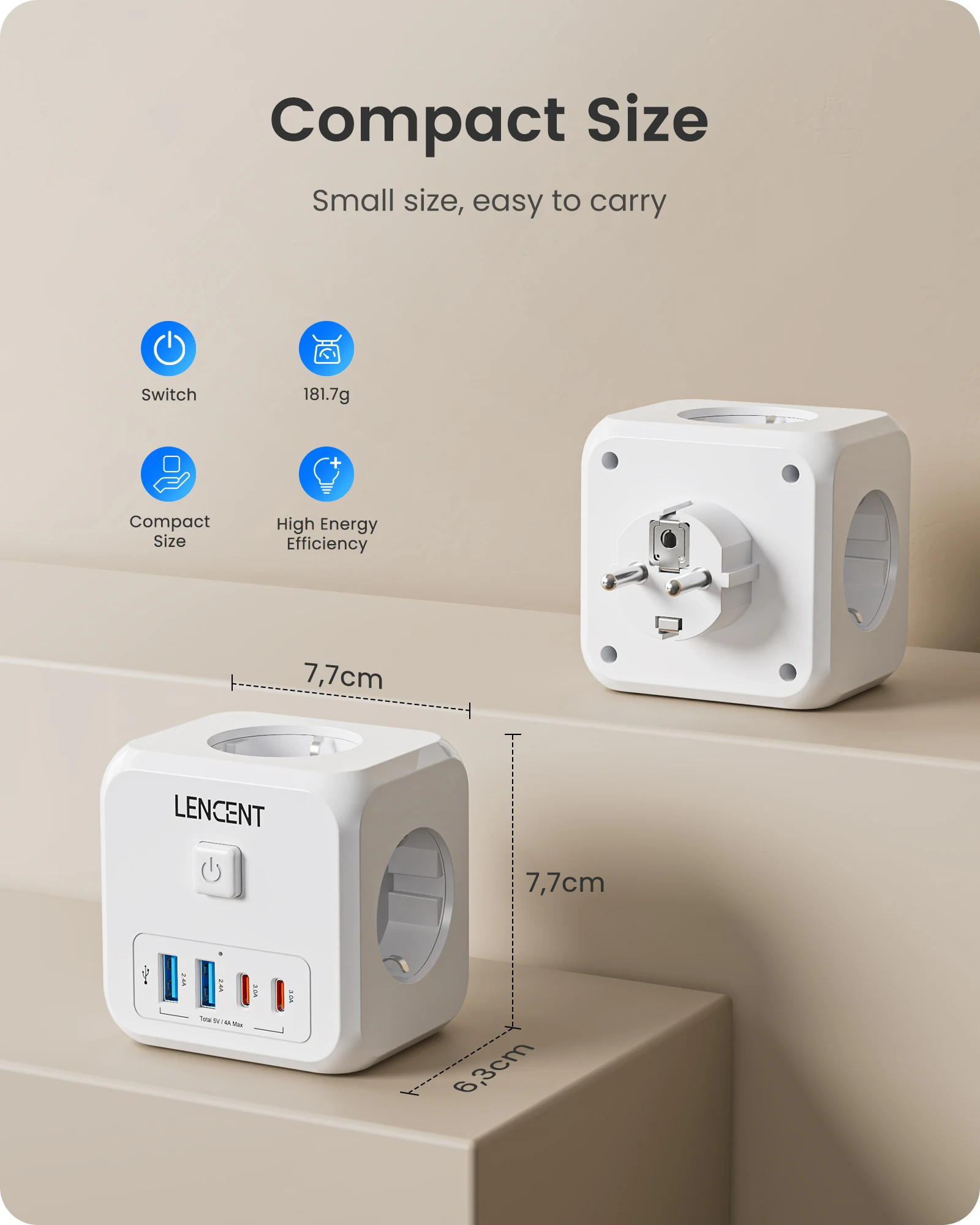 LENCENT 7-in-1 EU Plug Wall Socket Extender with 3AC Outlets+ 2 USB-A+2 USB-C Cube Socket On/Off Switch Adapter for Home