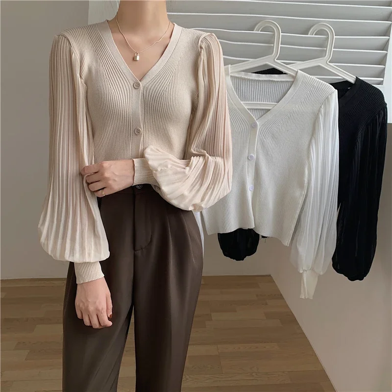 New Hot Selling Chiffon Patchwork Knitted Tops Women Fashion Long Sleeve Blouse Ladies Casual Button Up Shirt Female VA1244 2