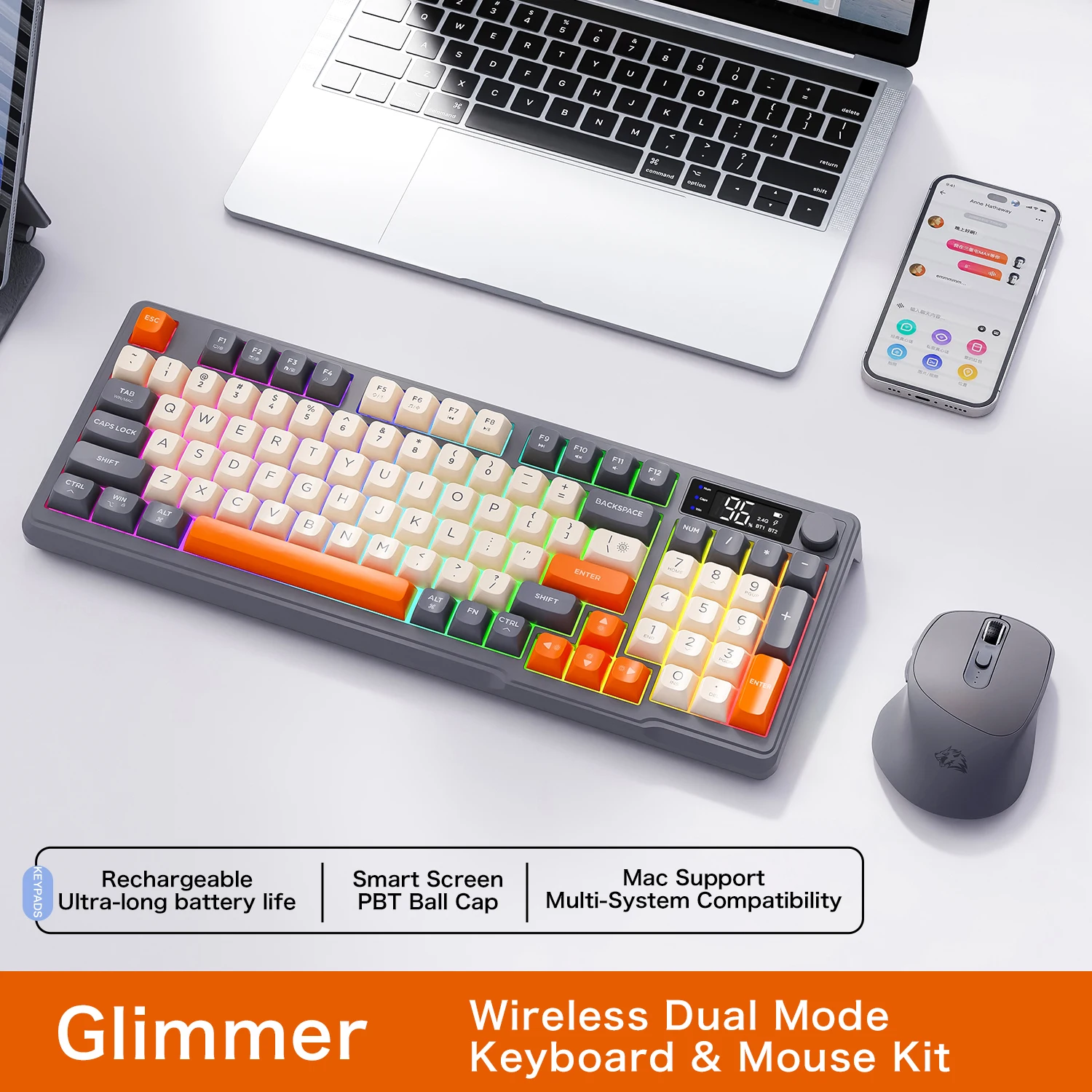 M96 Bluetooth-toetsenbord Draadloos FREEWOLF-schermgamingtoetsenbord, elektronisch scherm, verbinding met meerdere apparaten, ergonomie-gaming