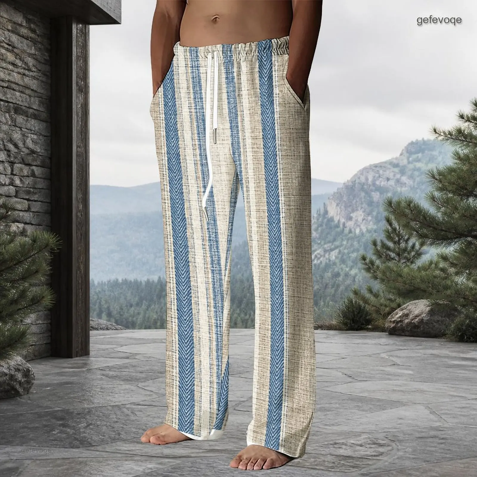 Men Drawstring Waist Full Length Straight Leg Pants, Brown Beige Rust Black Distressed Patchwork Printed Trousers