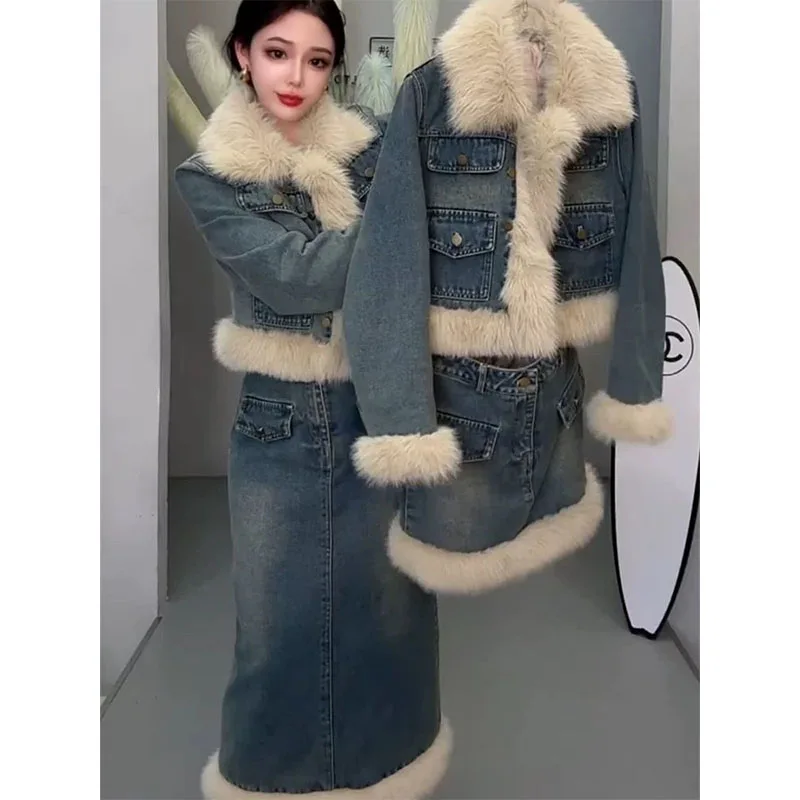 

Two Piece Fashion Thicken Denim Set Women Winter Now Rough Edge Thermal Lapel Pocket Coat High Waist Slim Skirt Aesthetic Suit