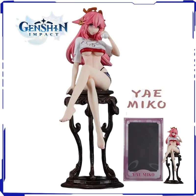 24CM Genshin Impact Game Character Yae Miko Sit in A Chair Position Model Figure Perimeter Decorative Ornament Statue Boxed Gift