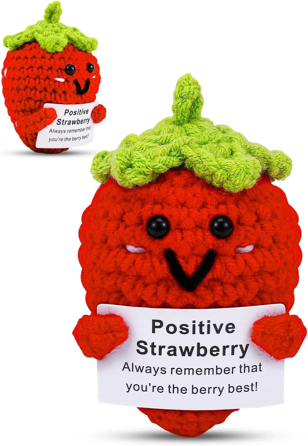 Presente de morango emocional de crochê de energia positiva, vem com um cartão de afirmação inspirador, presente de suporte positivo emocional divertido, adequado para mulheres e homens, perfeito para aniversário e decoração de mesa, presente de enchimento de meia