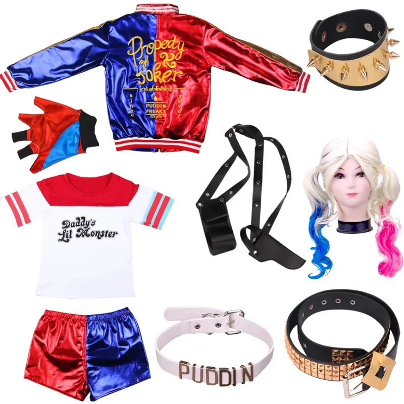 A Halloween Kids Suicide Harley Cosplay Costumes Squad Quinn Monster Jacket Pants Girls Christmas Party Uniform With Wig Gloves