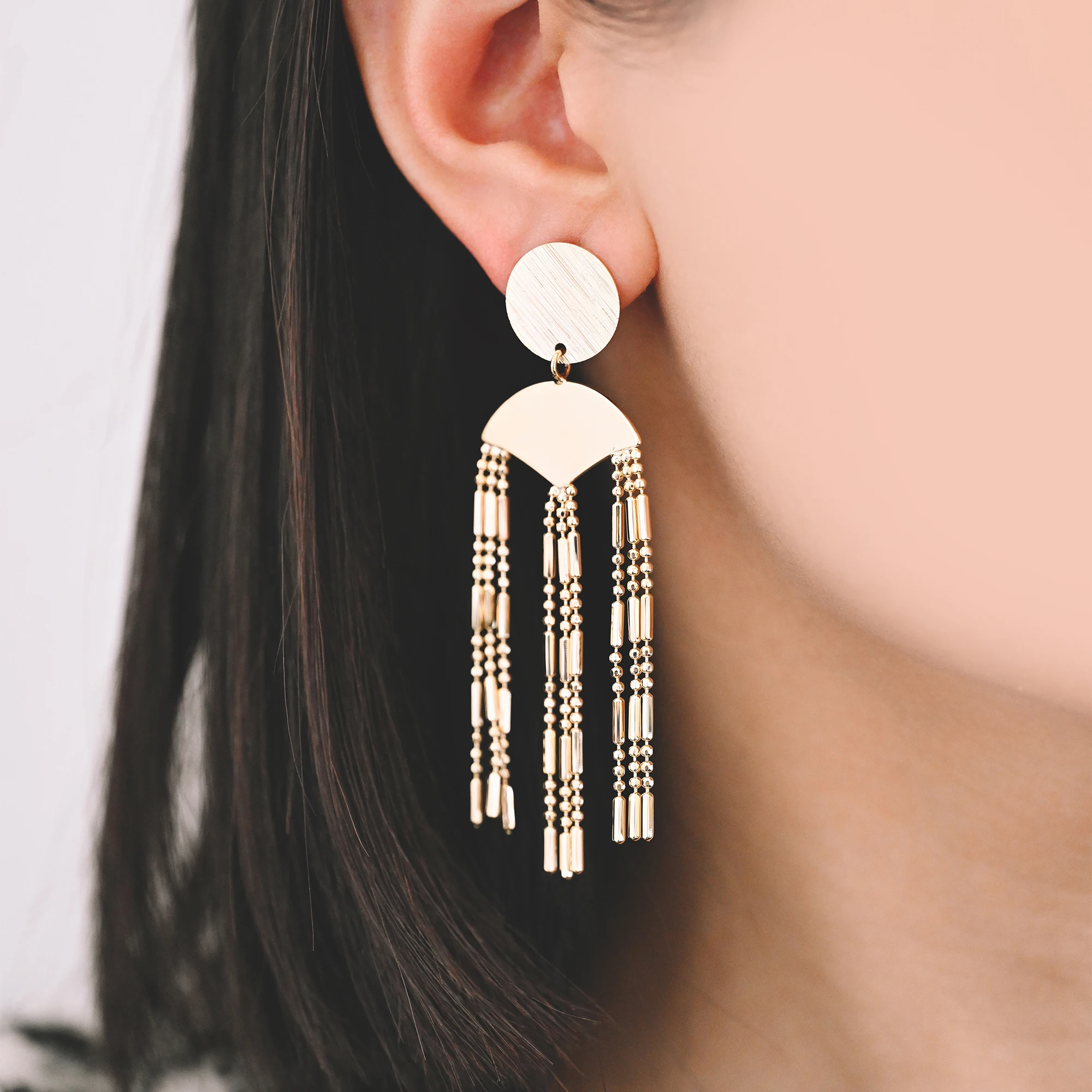 4pcs Gold/ Silver Round Disc Tassel Earrings, 18K Gold/ Rhodium Plated Brass, Tassel Stud Earring, Dangling Earrings (GB-4319)