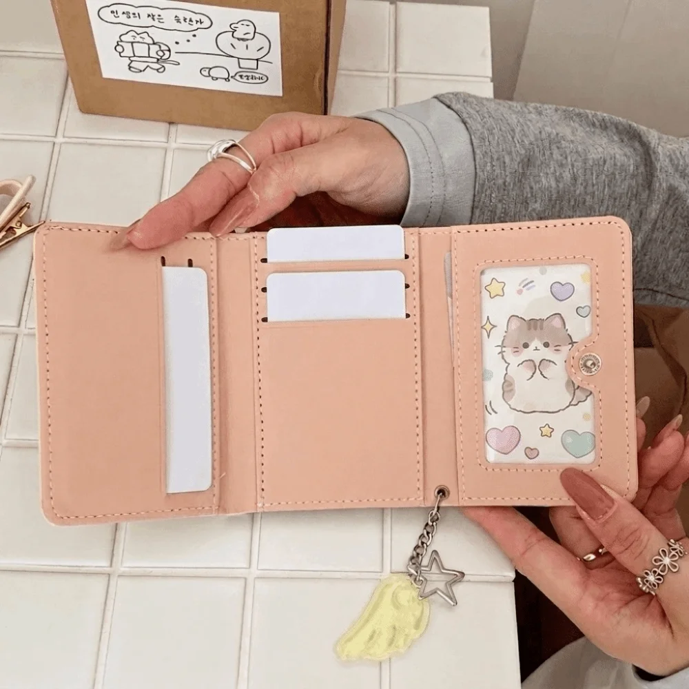 Aesthetic PU Leather Polka Dot Trifold Wallet Star Wing Pendant Lightweight Coin Purse ID Window 5 Card Slots Mini Wallet Girls
