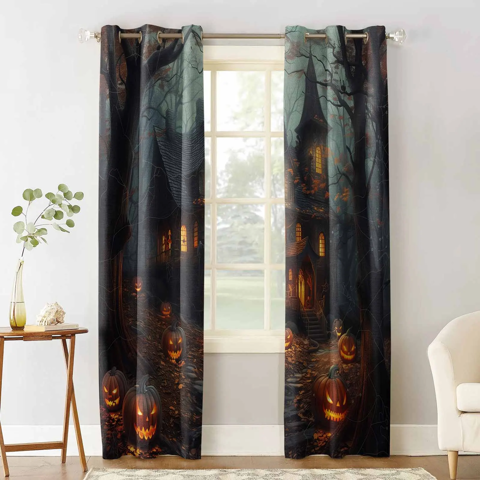 Halloween Castle Pumpkin Vintage Bat Grove Blackout Curtains For Living Room Bedroom Window Treatment Blinds Drapes