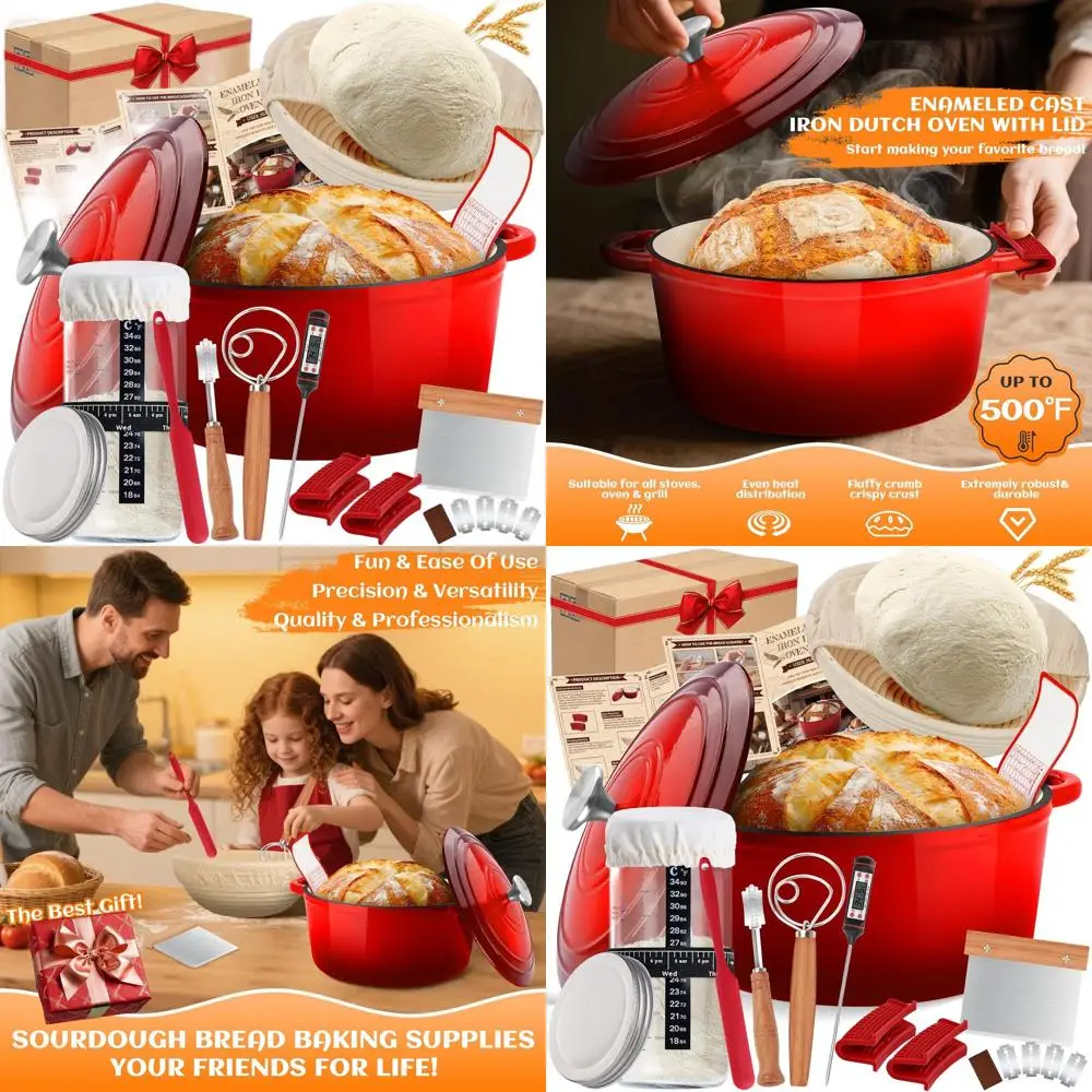 

Чугунная жаровня с крышкой, в комплекте принадлежности для выпечки хлеба: корзина для расстойки теста (баннетон), банка для закваски, нож для раскатки теста, 5-квартовая емкость, выдерживает в духовке до 500°C. ° Ф