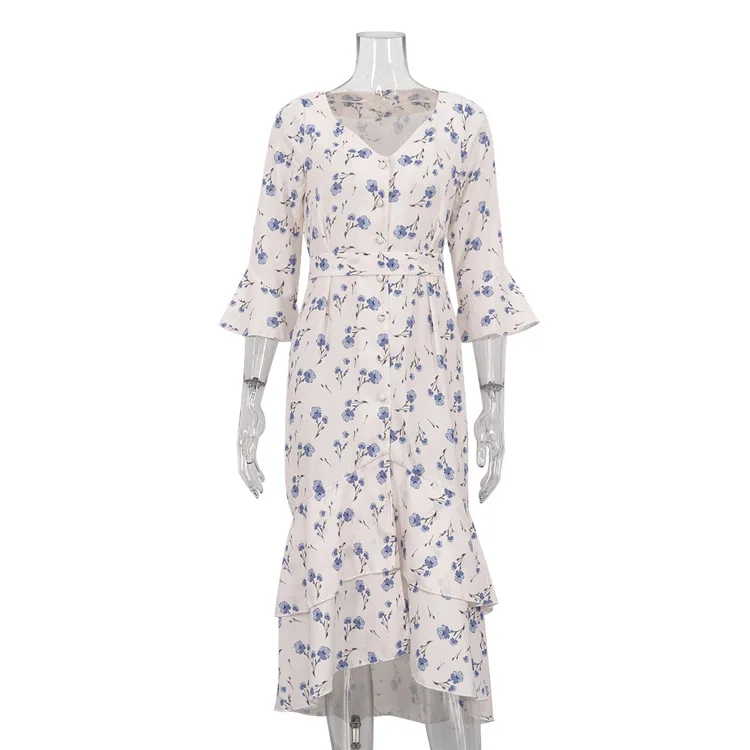 Ele hoge taille bloemenprint Dr Dames V-ne Bell Sve lange rok Zomerseizoen Basic Sle Single Piece