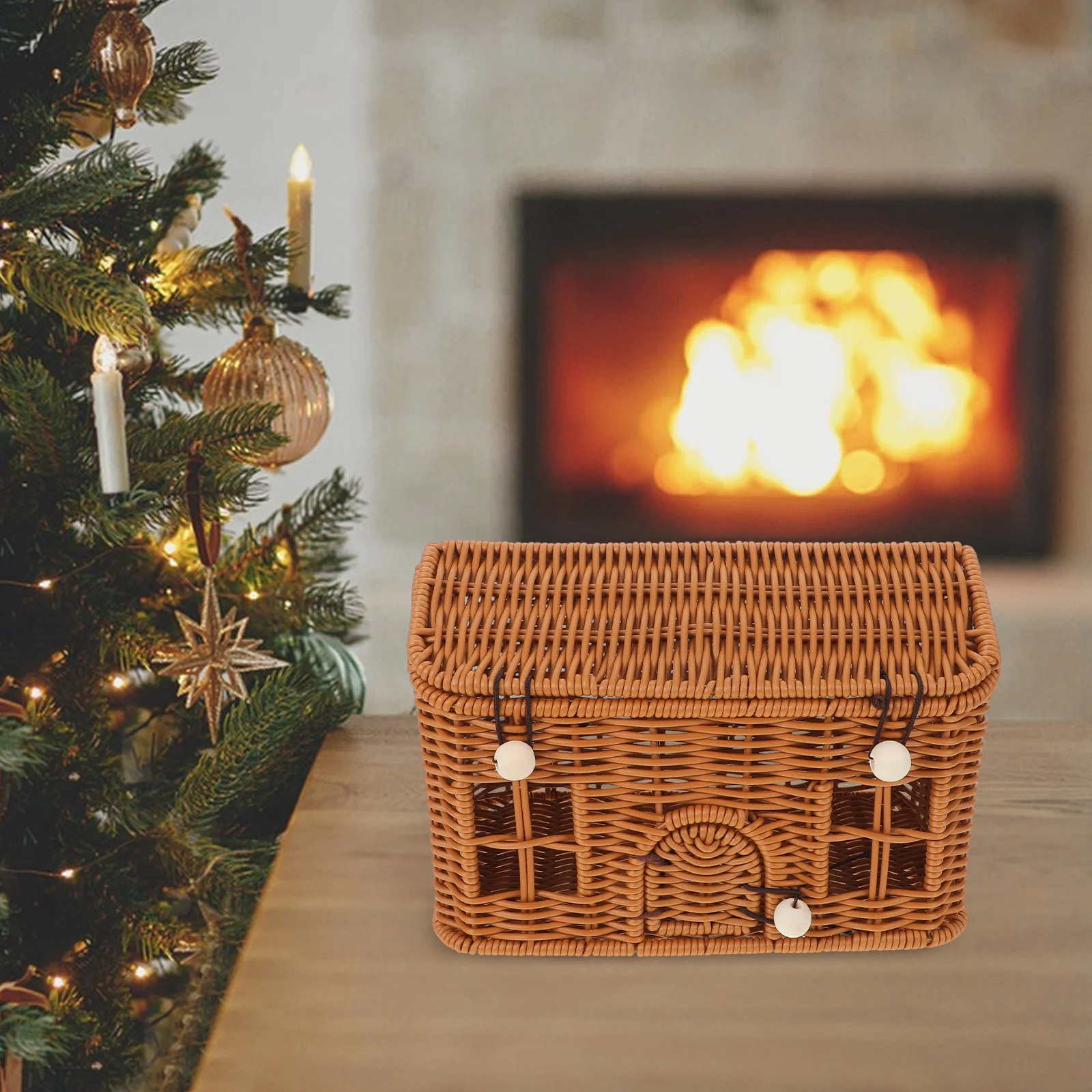 

Christmas Candy Basket Imitation Rattan Shaped Small Hamper Basket Lid Decorative Woven Snack Organizer Party