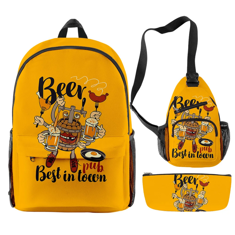 

Harajuku Popular Novelty Funny Beer 3D Print 3pcs/Set pupil School Bags Travel Laptop Backpack Chest Bag Pencil Case