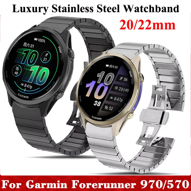 20 22mm cinturino in acciaio inossidabile per Forerunner 970 570 745 965 245 255 265 cinturino in metallo musicale per Garmin Vivoactive 6 5 4 3/Venu 2 3