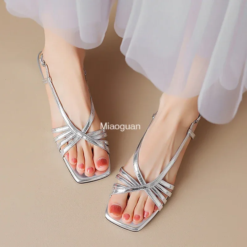 Gold Silver Cross Strap Gladiator Sandals Women Fashion Back Strappy Low Heel Sandles Woman Summer Buckle Square Toe Party Shoes