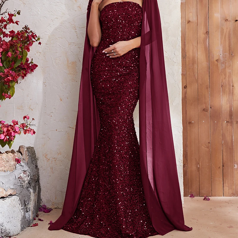 Elegant Women Detachable Shawl Strapless Evening Prom Dresses Sequins Sleeveless Birthday Wedding Party Dress vestidos de fiesta