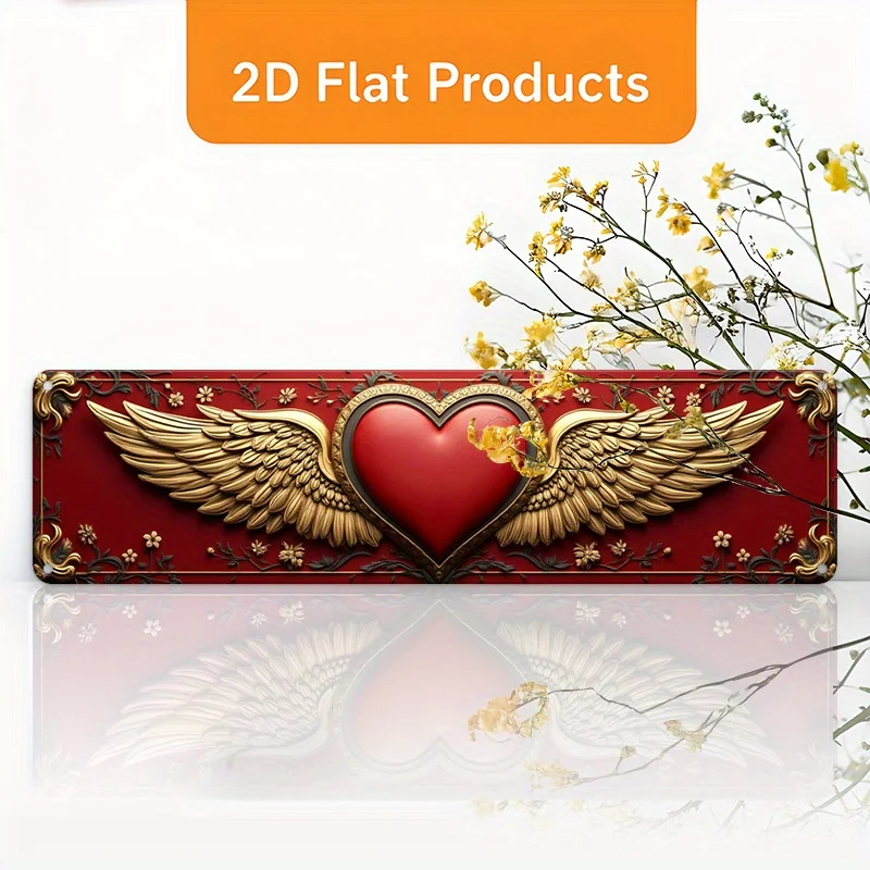 2D Vintage Metal Wall Art Sign, Gold Wing Red Heart Angel Design, Durable Aluminum Flat Sign for Home Office Cafe Bedroom Garage