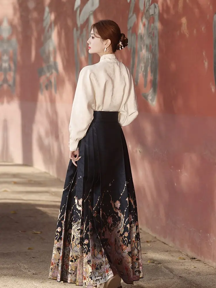 Falda de cara de caballo modificada de estilo chino para mujer, ropa Hanfu tradicional china, conjunto de baile clásico