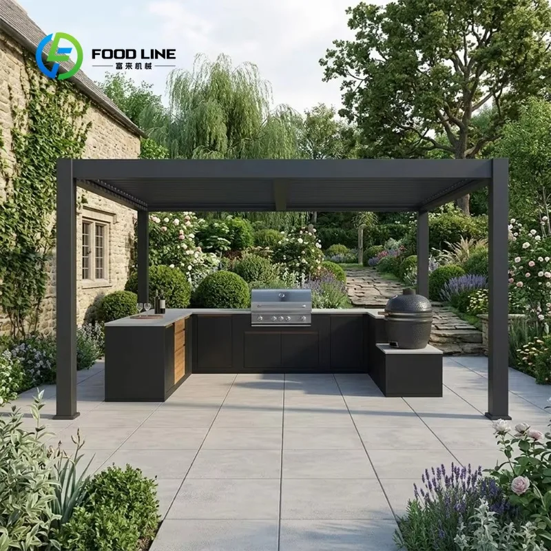 Customized Stainless Steel Outdoor Kitchen with Electric Louvered Pavilion Custom Antirust Outdoor Kitchen Cabinets with Sink