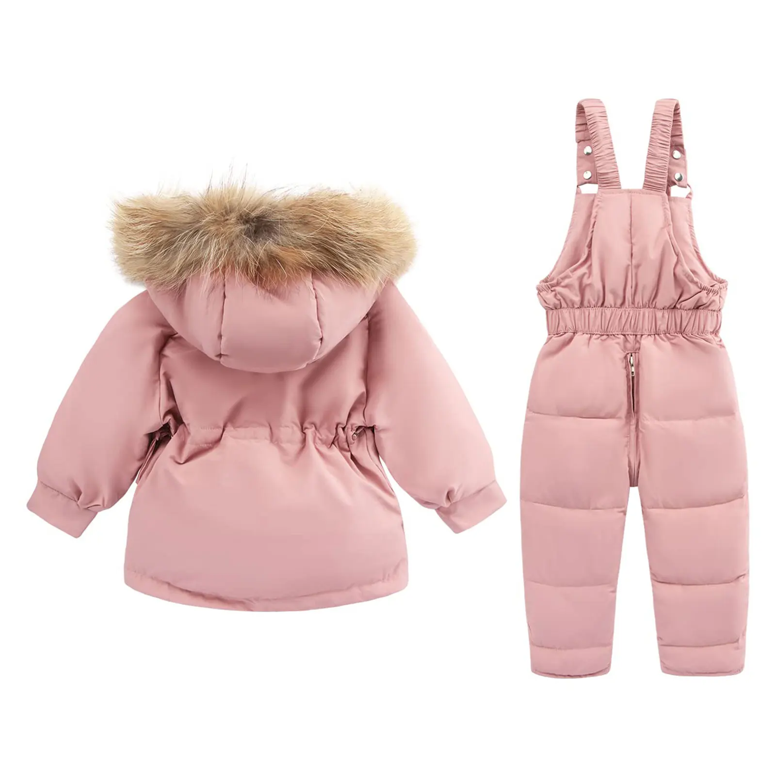 Kids Girls Boys Snowsuit Warm Winter Outerwear Outfit Hooded Long Sleeve Jacket Coat with Zipper Suspender Pants Overall Pants