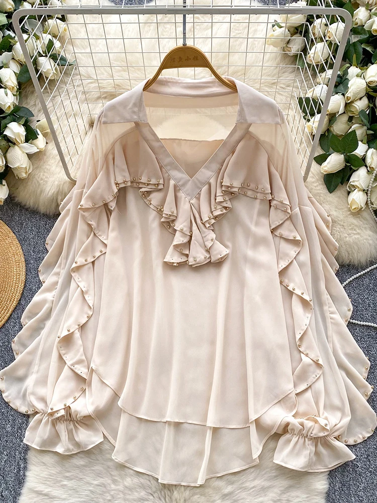 Blusa fina francesa de primavera y otoño para mujer, camisa de gasa con manga acampanada empalmada con volantes y cuentas de alta resistencia, Jersey holgado, Top BL300