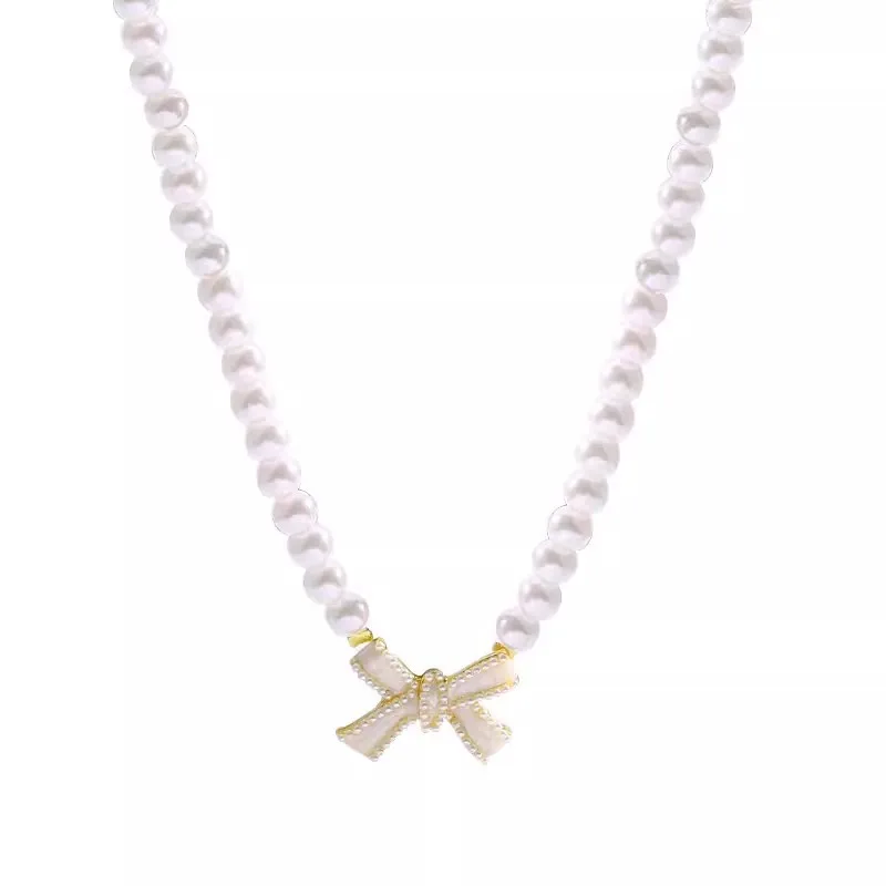 Collier ras du cou avec pendentif nœud en perles pour femme, bijoux de fête de mariage, tendance élégante, perle blanche 216.239., colliers