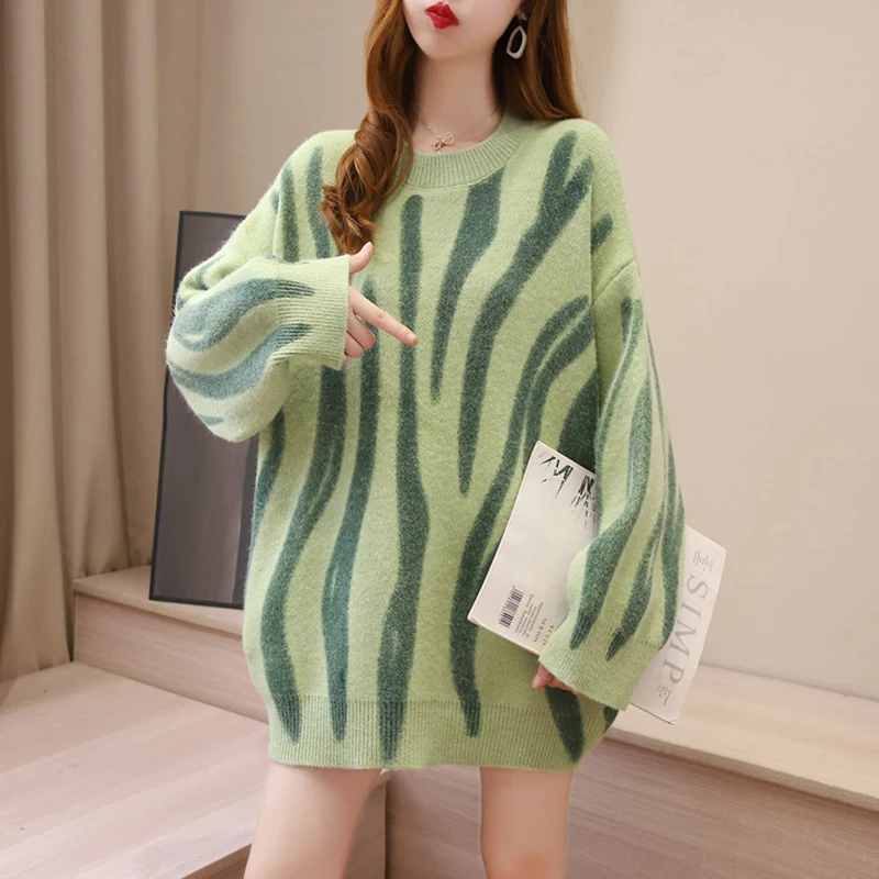 2023 Autumn Winter Women Sweet Sweaters Geometric Printing Pattern Long Sleeve Tops Lovely Pullovers Knitted Loose Jumper