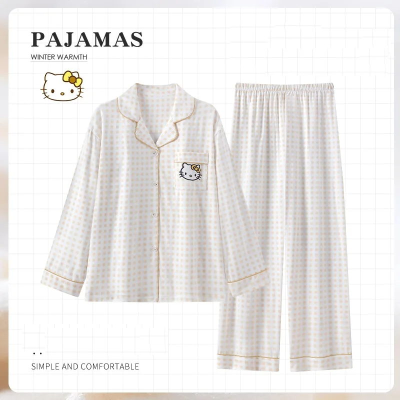 

Sanrio Hello Kitty женские пижамы Kawaii с героями мультфильмов для молодых девушек, осенний комплект для отдыха с длинными рукавами и длинными штанами, хлопковый комплект домашней одежды с облаком
