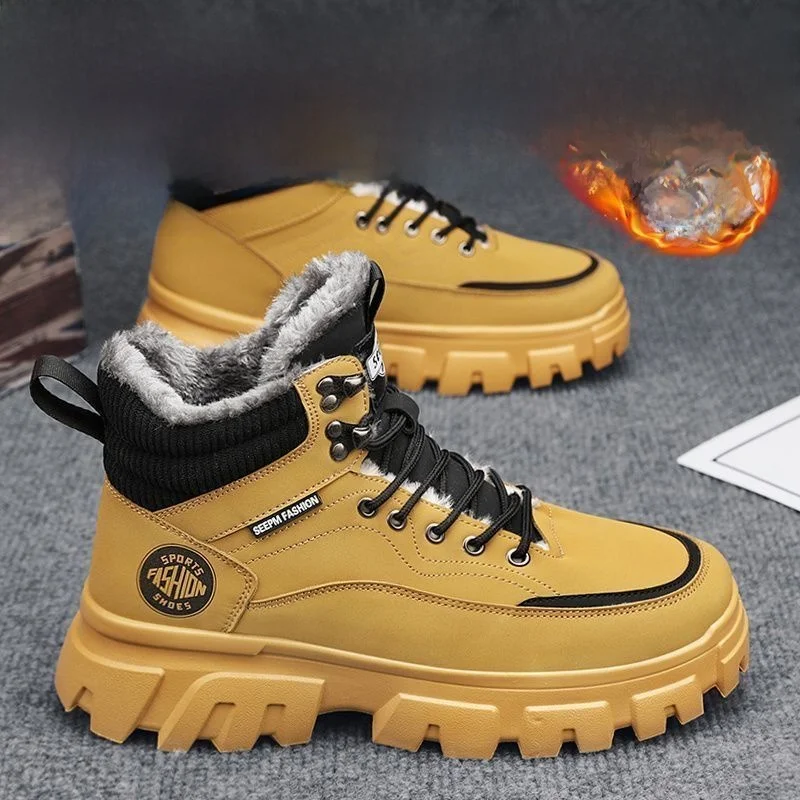 

Мужские ботинки, осенне-зимние высокие берцы, рабочая одежда на подкладке, желтые ботинки, повседневные ботинки с круглым носком, резиновая подошва