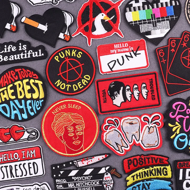 Punk Rot Nähen Stickerei Patches Für Jacke Positives Denken Eisen Auf Patches Für Kleidung Thermoadhäsive Patch Für Kleidung DIY