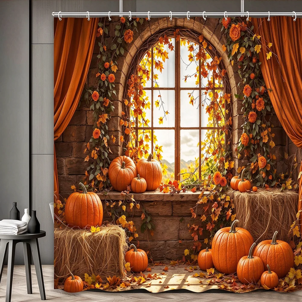 Autumn Maple Leaf Pumpkin Shower Curtain Thanksgiving Rustic Farm Barn Elf Polyester Shower Curtains Bathroom Decor with Hook