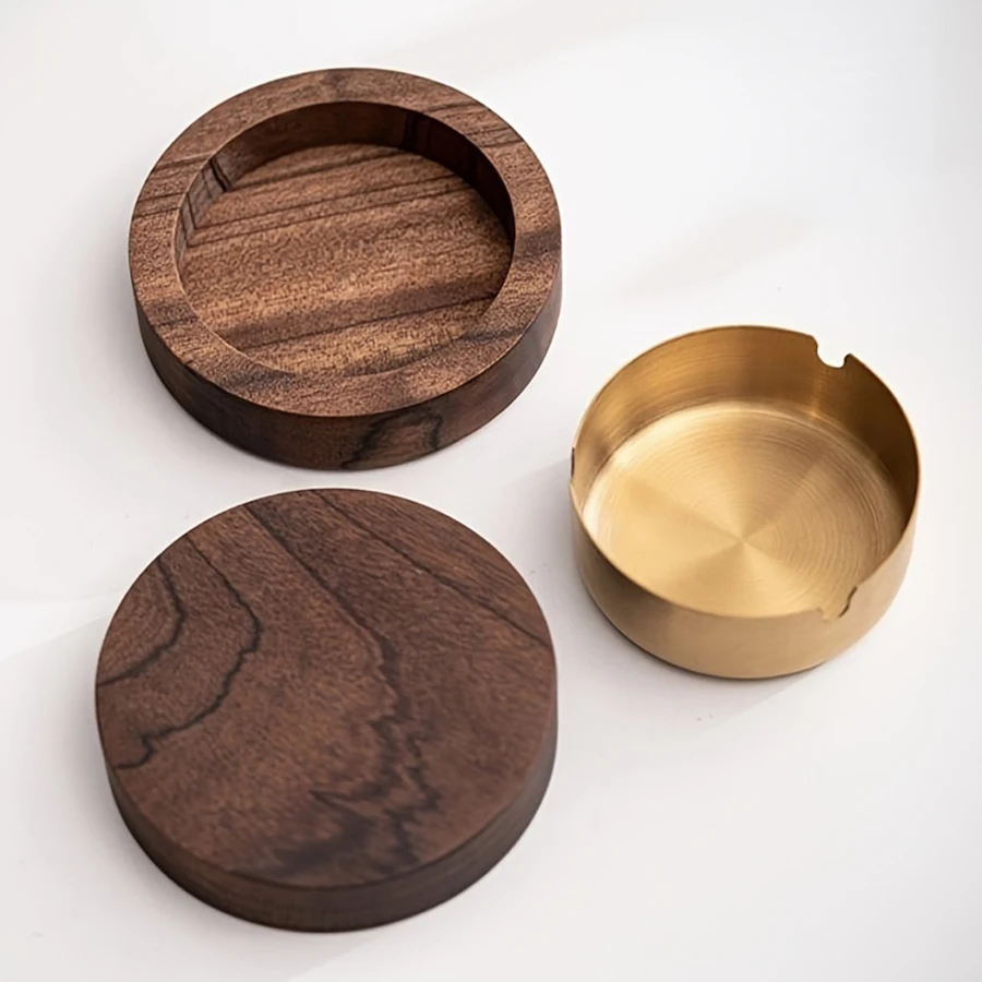 1PC Wood Ashtray With Lid Stainless Steel Liner Windproof Ash Tray For Bar Office Home Decoration Accessories