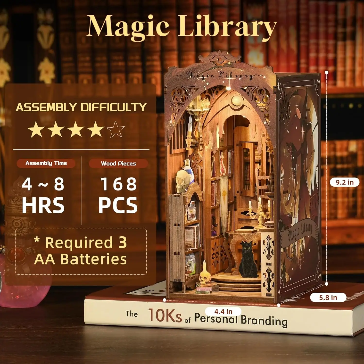 AMOBOX-Book Nook Kit,DIY Miniature Booknook Kit, 3D Wooden Puzzle Bookend, Bookshelf Insert Decor with LED Light, Magic Library