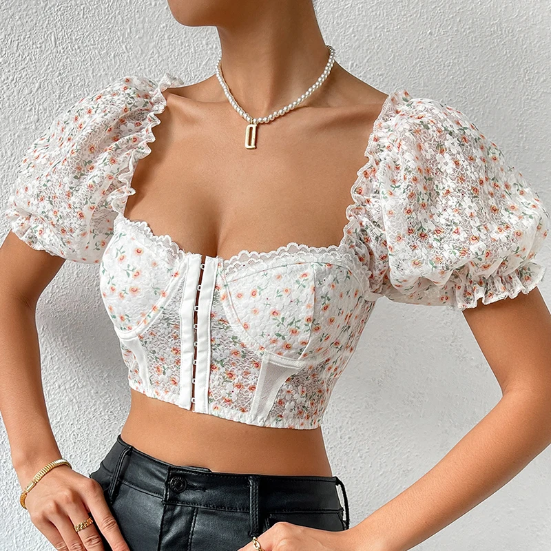 Y2K Summer Women Lace Print Short Crop Top Fairy Grunge Ruffled Puff Sleeves Slim Fit T-shirt Korean Cute Casual Streetwear