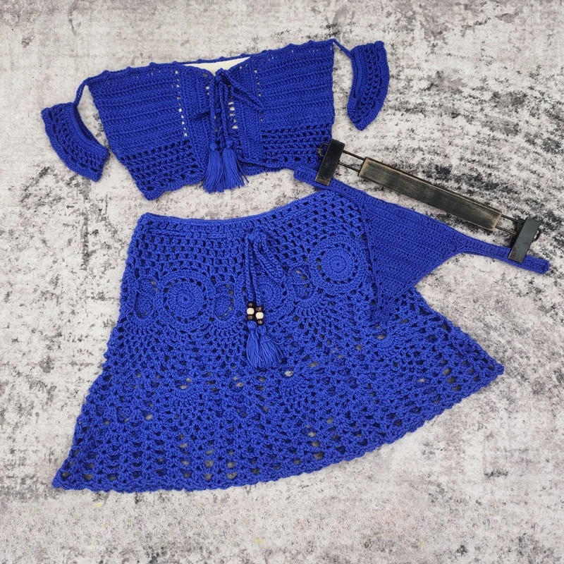 ถักบิกินี่ผู้หญิงชุดปิดไหล่ Lace Up Crop Top Hollow Out กระโปรงมินิ 2025 ใหม่ Spice สาวเซ็กซี่ Beach Cover Up
