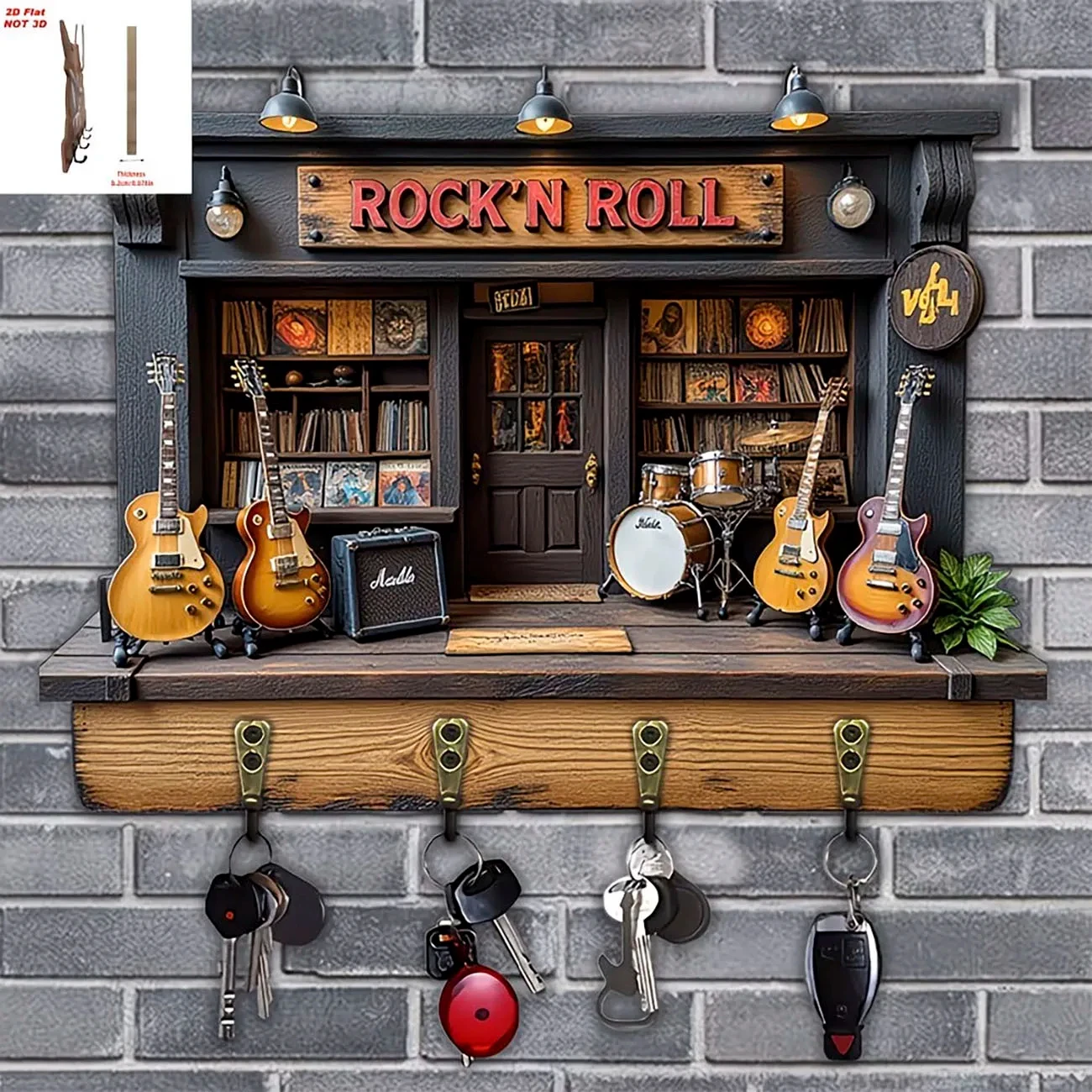 Rock 'n' Roll Gitarrenladen Schlüsselhalter, 2D Flachdruck Wandmontierter Schlüsselhalter mit 4 Haken, Musikliebhaber Heimdekoration Schlüsselorganizer – Detail 4