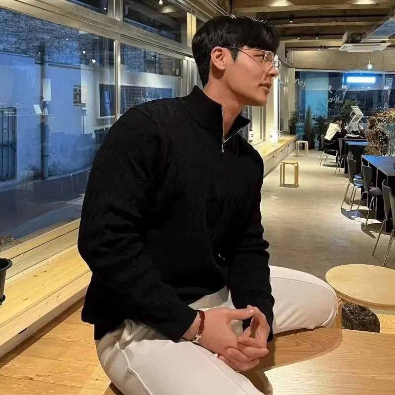 Spring Autumn Half-Zip Long Sleeve Knit Sweater Men's Casual Trendy Top