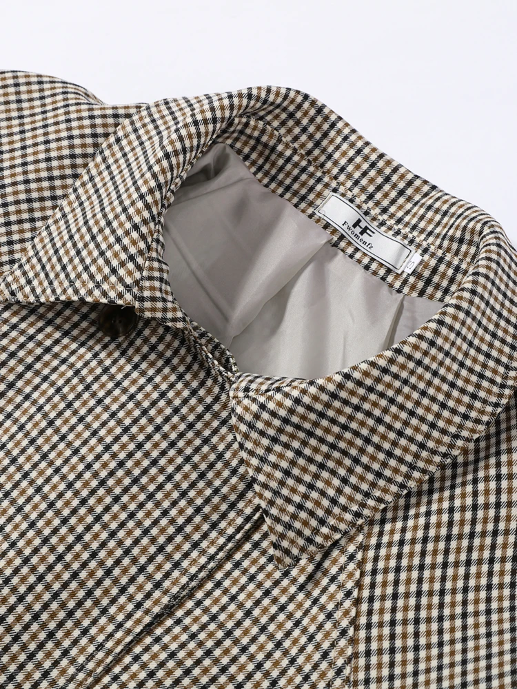 Plaid Windbreaker Grid Jacket Lapel Collar Double Breasted Trench Woman Coat Waist Tie Belt Long Sleeve Short Top Casual Clothes