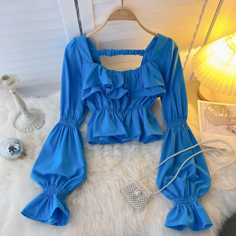 Sex Square Collar Flare Long Sleeve Ruffle Short Tops Women Autumn Elegant Casual Blue/Orange/Black/White Blouse 2022 Fashion