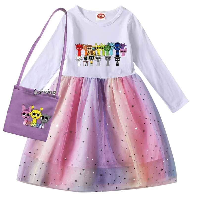 Sprunki Cartoon Girls Dresses Spring Summer Fashion Pageant Dress Clothes Girls Princess Dress Toddler Dress Tutu Dresses Bag