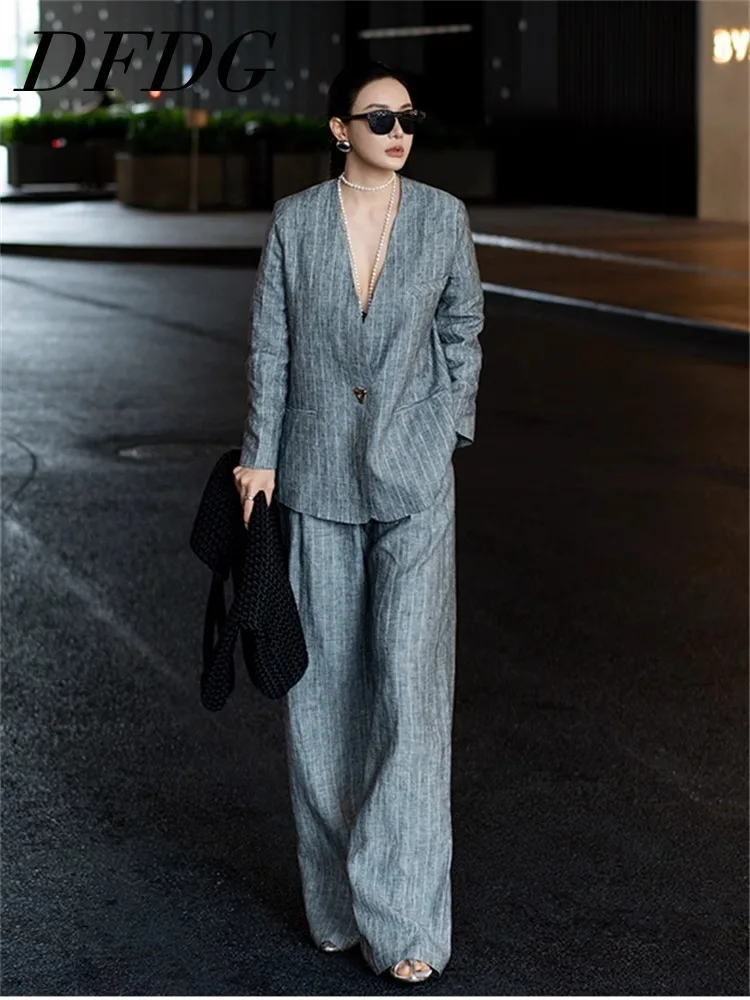 

DFDG Stylish Versatile High-quality 2025 Spring/Summer New Women'cotton Linen Fashion Solid-color Loose Suit Jacket Twopiece Set